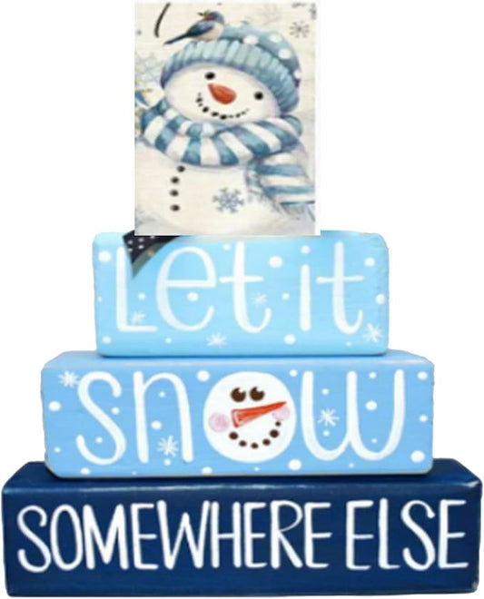 4 Pcs Snowman Winter Table Decorations Winter Tiered Tray Decor Christmas Decor Indoor Rustic Wooden Snowman Block Sign Gift Snowflake Centerpiece Farmhouse Tabletop Signs