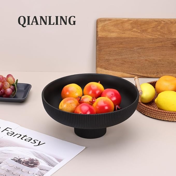 Modern Large Black Decorative Bowl - Ribbed Black Fluted Pedestal Bowl , Multi-Functional Fruit Bowl, Key Bowl, Candy Dish, Ideal for Entryway Table, Kitchen Counter, Living Room, Coffee Table Decor