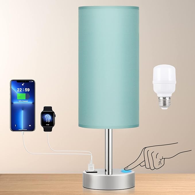 Teal Touch Bedside Lamps for Bedroom - Small Coastal Nightstand Lamp with USB-C and USB A Charging Ports, 3 Way Dimmable Control Table Lamp for Office, Dorm with Fabric Shade Silver Base