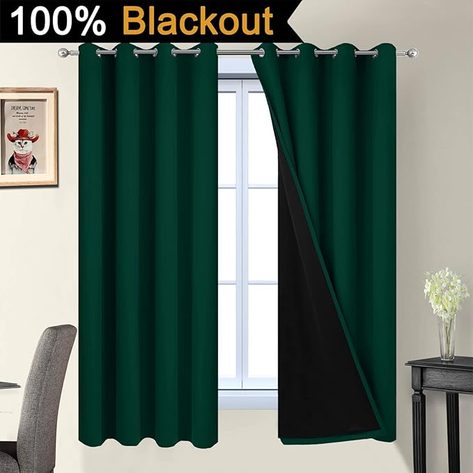 Yakamok 72 Inch Lengt 100% Blackout Thermal Insulated Curtains, Noise Reduction Black Lined Blackout Drapes with Grommet Top Curtains for Bedroom(52Wx72L,Dark Green, 2 Panels)