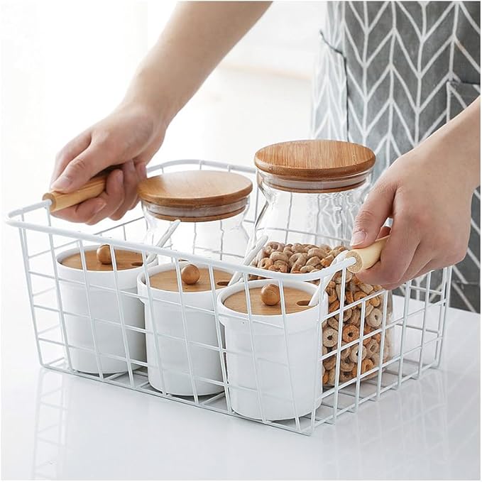 LeleCAT white wire baskets for organizing with Wooden Handles Storage Organizer Baskets, Household snack basket for Cabinets, Pantry, Closets, Bedrooms, pantry organizers and storage - Set of 2（White）