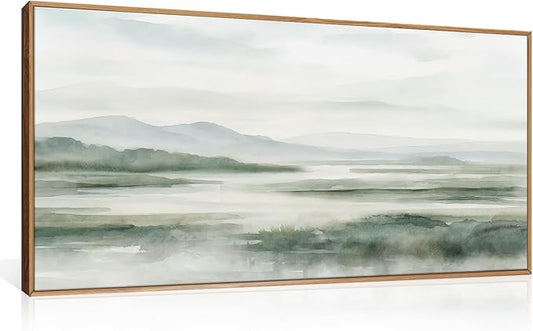 HOURIA Large Watercolor Misty Green Mountain Framed Canvas Wall Art,Neutral Brush Stroke Wall Decor,Modern Landscape Artwork,Nature Minimalist Art Print For Living Room,Bedroom,Office-20 x40 x1