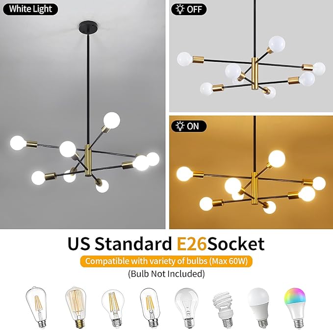 8-Light Modern Chandelier Sputnik Light, Entryway Chandelier Dining Room Lights Over Table, Black and Gold Foyer Lighting Chandeliers for Bedroom Living Room Light