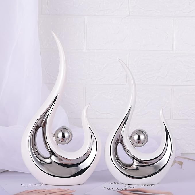 LCCCK 2-Pack Modern Abstract Art Home Decor Accent, Contemporary Statues Coffee Table Decor for Living Room, Dining Room Centerpieces, Ceramic Sculptures and Silver Knick Knacks for TV Stand Decor