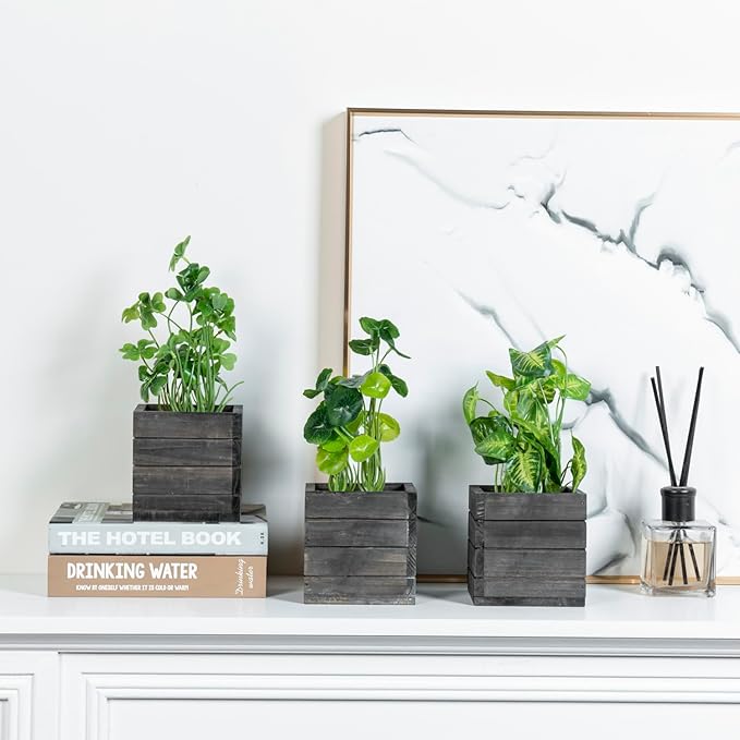 MyGift Trio of Artificial Assorted Green Leaf Plants Potted in Vintage Gray Wood Crate Style Square Boxes, Faux Foliage Indoor Tabletop Houseplants, 3 Piece Set