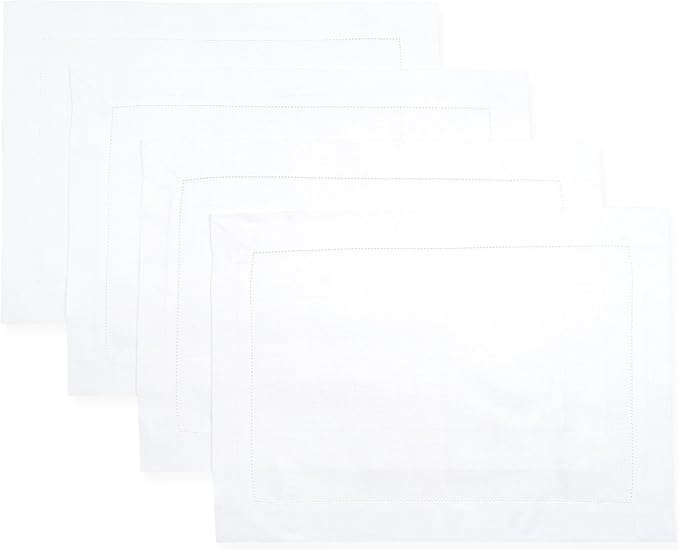 D'Moksha Homes White Linen Placemats Set of 4 - Classic Hemstitch Placemats 14 x 19 Inch - 100% Pure Linen Table Mats for Fall, Autumn and Halloween - Handcrafted and Machine Washable
