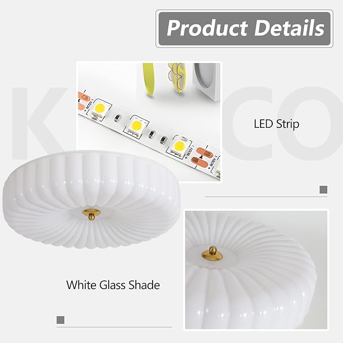 KCO Lighting White Ribbed Glass Flush Mount Ceiling Light Large Milk Glass Ceiling Lights Round LED Semi Flush Mount Ceiling Light Fixture Contemporary Hallway Ceiling Lighting