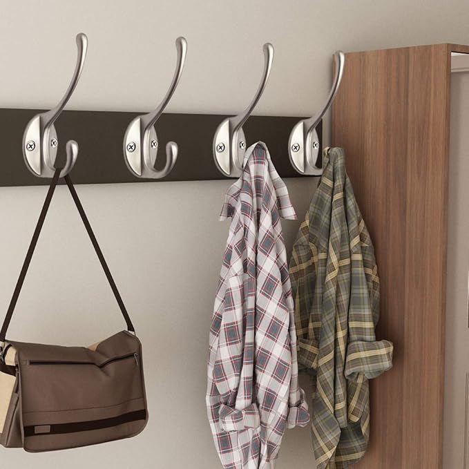 IBosins 10 Pack Heavy Duty Dual Coat Hooks Wall Mounted with 40 Screws Retro Double Hooks Utility Silvery Hooks for Coat, Scarf, Bag, Towel, Key, Cap, Cup, Hat (Silvery)