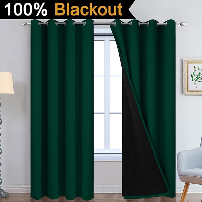 Yakamok 96 Inch Length 100% Blackout Curtains for Bedroom, 2 Thick Layers Thermal Insulated Grommet Total Blackout Drapes with Black Liner for Living Room(52Wx96L,Dark Green, 2 Panels)