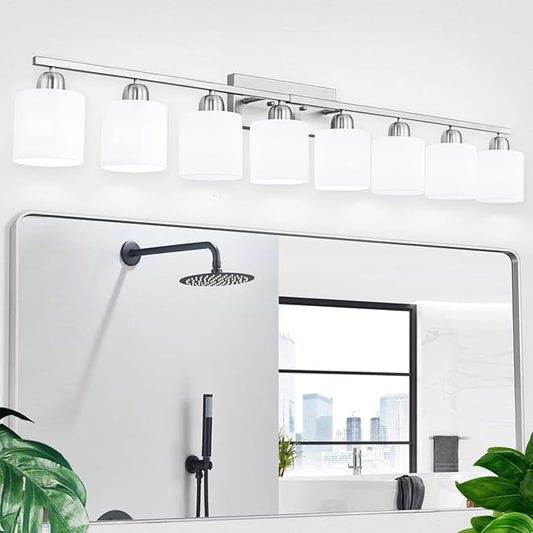 Brushed Nickel Light Fixture Bathroom for Huge Mirror, 8 Light Mirror Lights with Milky White Frosted Glass Shades, 51 inch Bathroom Mirror Lights for Mirrorss, E26 Socket