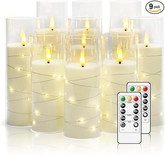 Flickering Flameless LED Candles, 9 Pcs with Embedded Star String, Acrylic LED Pillar Candles with Remote, Suitable for Home Decoration (White)
