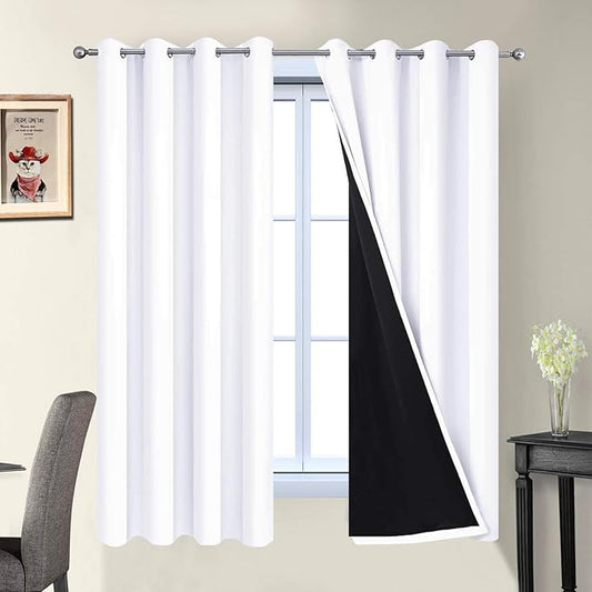 Yakamok White 100% Blackout Curtains, 2 Thick Layers Full Light Blocking Thermal Insulated Drapes with Black Liner for Bedroom(52Wx63L, Pure White, 2 Panels)
