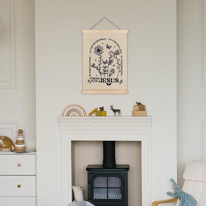 Supwhd Boho Floral Christian Wall Art with Wooden Poster Hanger, There Was Jesus Bible Verses Scripture Wall Decor, Christian Wall Decor for Home Room, 12x16