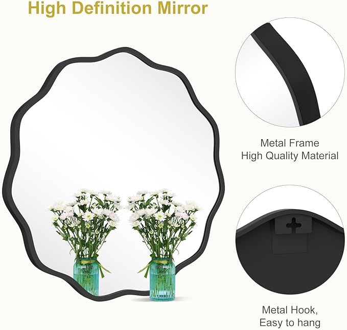 WallBeyond Round Wavy Mirror for Wall Decorative 24 inch, Modern Round Mirror Aluminum Frame for Bathroom Bedroom Living Room Home House Office Entryway, Black