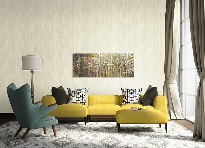 Yihui Arts Gold Metal Wall Art Handcrafted Tree on Aluminum Artwork Modern Forest Pictures with 3D for Living Room Bedroom Kitchen Decor