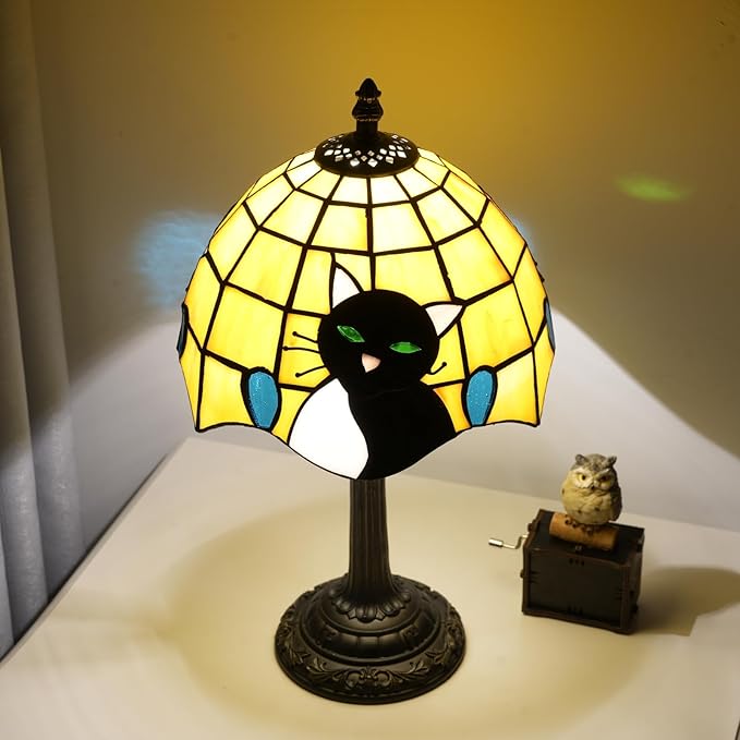Small Tiffany Lamp Stained Glass Table Lamp Elegant Cute Retro Vintage Style White Black Cat Bedside Night Lamp for Nightstand Bedroom Home Decor Kitchen Counter Antique Living Room Office Fun Lamps
