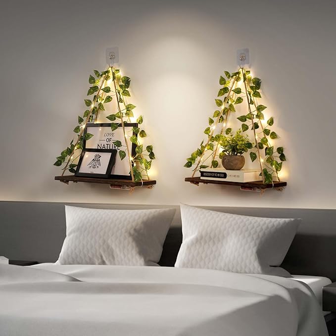 Floating Shelves for Wall No Drilling,Wall Dcorations Art,Hanging Shelf,Leaves and Light Strip with Flower,Set of 2 Plant Decor for Home House Livingroom Bedroom Officer,Boho Decor,Gifts for Woman
