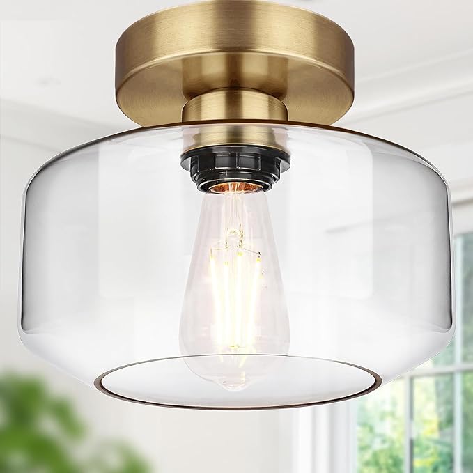 Industrial Semi Flush Mount Ceiling Light Brass, 800 Lumen LED Bulb Included, Clear Glass Shade Ceiling Light Fixture, Light Fixture for Hallway Bathroom Bedroom, Vintage Hanging Lighting