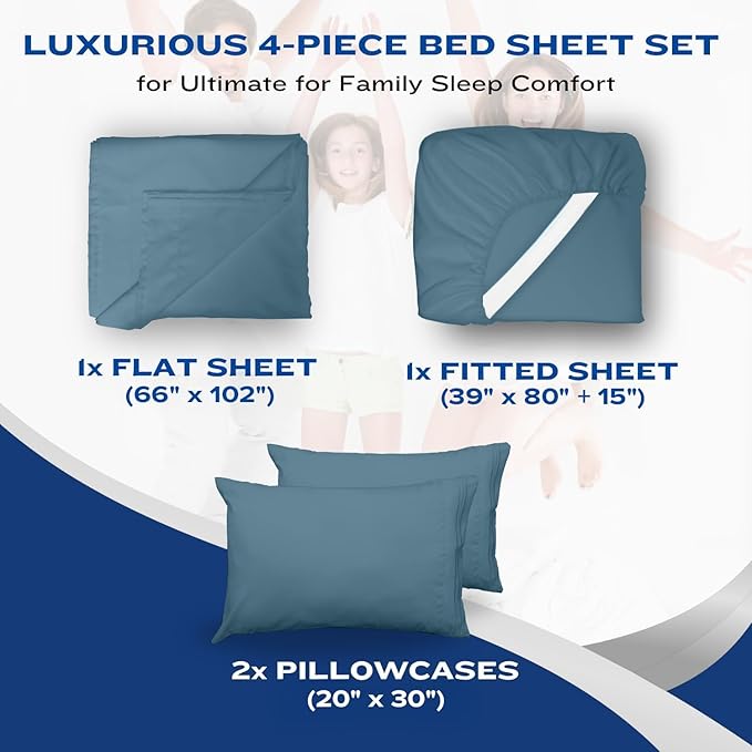 DREAMCARE Twin XL Sheets Set - 4 Pcs Cooling Bed Sheets with Up to 15" Deep Pockets - Soft, Long-Lasting 100% Brushed Polyester with Side Pocket (Mineral Blue)