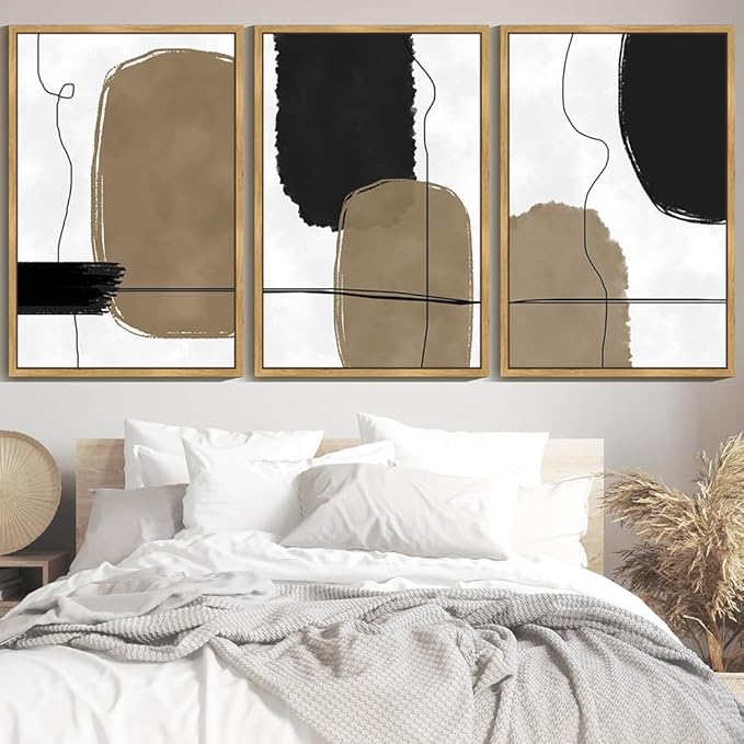 KUVIOKE Abstract Wall Art Framed Neutral Beige Mid Century Textured Artwork Black Minimalist Line Modern Illustrations Bedroom Hallway Ready to Hang 24x36in (Natural Framed)