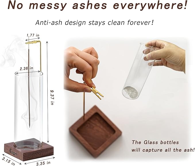 Incense Holder, Wooden Incense Holder for Sticks with Glass Ash Catcher, Anti-ash Incense Burner with 20 Incense Sticks and a Ash Brush for Meditation Yoga Spa Room Decor