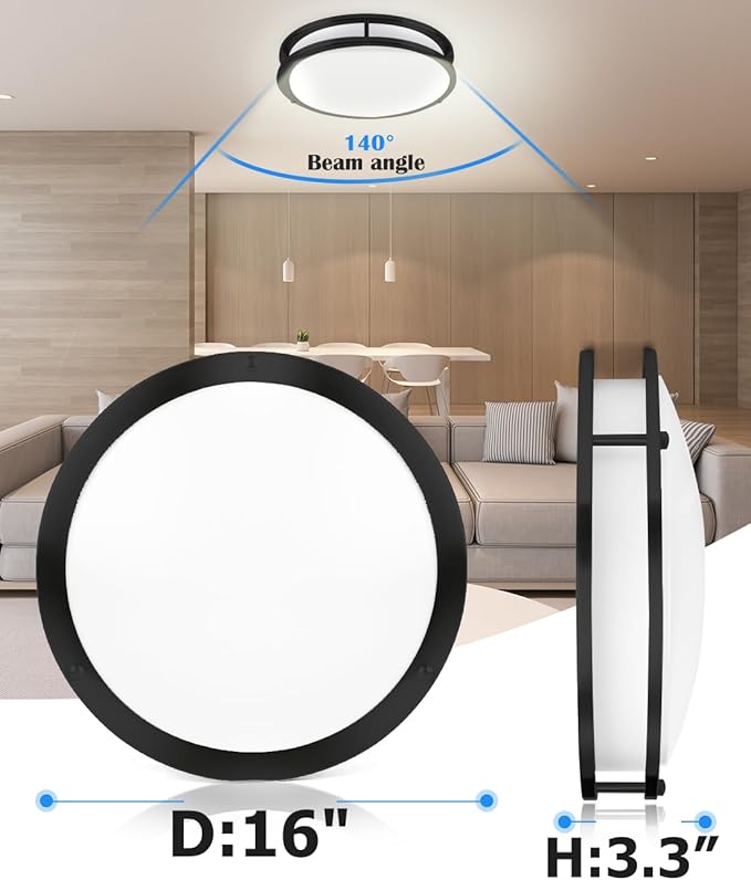 16 Inch Black Flush Mount Ceiling Light Fixture for Bedroom Bathroom, Matt Black LED Ceiling Light 3000K/4000K/5000K Dimmable Flush Mount LED Hallway Fixture, 16in, 25W
