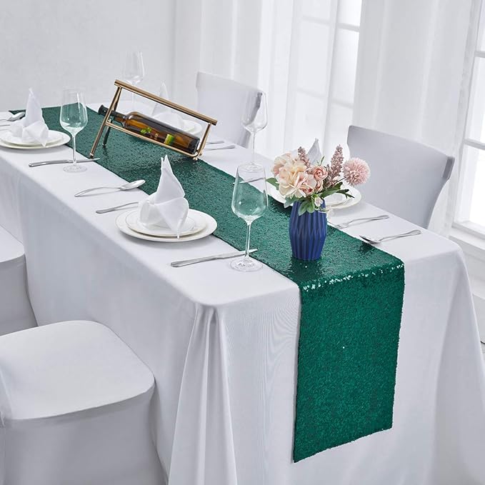 2 Packs 12 x 108 inches Hunter Green Sequin Table Runner, Glitter Hunter Green Table Runner for Wedding Birthday Bachelorette Holiday Party Supplies Decorations Bridal Shower Baby Shower