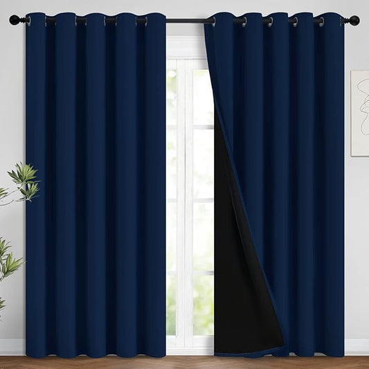 Yakamok 100% Blackout Lined Panels, Room Darkening Thermal Insulated Blackout Curtains for Bedroom, Heat Blocking Drapes for Living Room(62Wx84L, Navy Blue, 2 Panels)