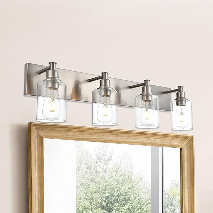 Bathroom Vanity Light Fixtures, 4-Lights Modern Brushed Nickel Wall Mounted Lamp with Clear Glass Shade for Bedroom Over Mirror