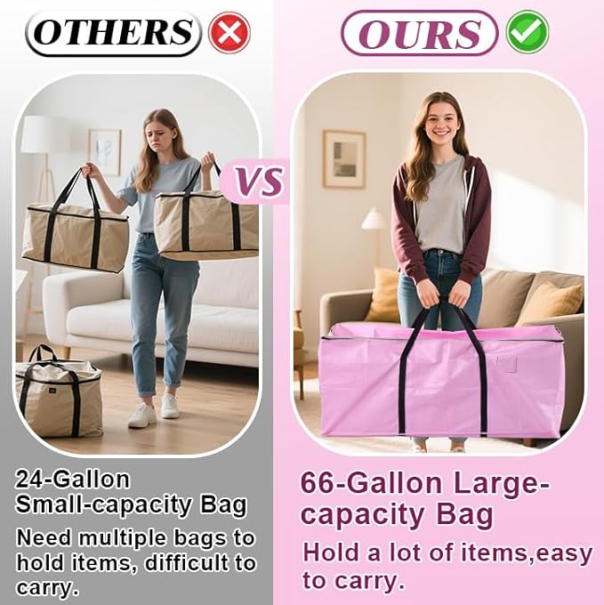 66 Gallon Extra Large Moving Bags - Heavy Duty Storage Bags with Zipper & Strong Handles, Pink Packing Bag for Moving, Storage, Travel and Camping, College Dorm & Home Supplies, 2 Pcs