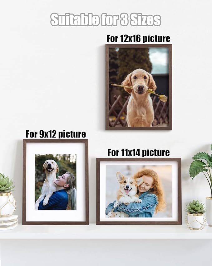 Egofine 12x16 Picture Frames Set of 4, Made of Solid Wood Covered by Plexiglass 9x12 and 11x14 with Mat or 12x16 without Mat, for Wall Mounting Photo Frame Brown