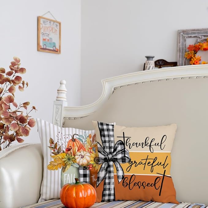 GEEORY Fall Throw Pillow Covers 20x20 Inch Set of 4, Pumpkins Mason Jars Sweet Home Striped Autumn Thanksgiving Seasonal Decorative Farmhouse Decoration (Orange) G636-20