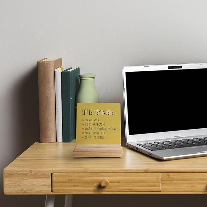 Inspirational Wooden Sign - Mental Health for College Girls, Self Love, Little Reminders Office Decor, Back to School Gift for College Students (Yellow)