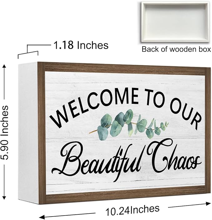 Welcome to Our Beautiful Chaos Wooden Box Sign Desk Decor,Rustic Family Saying Wood Block Sign for Home Farmhouse Bedroom Shelf Tabletop Wall Decor