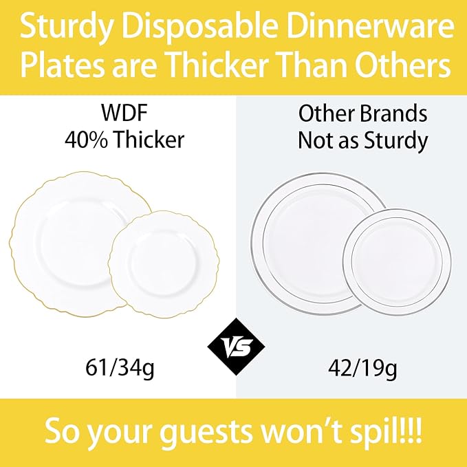 WDF 30Guest Gold Plastic Plates - High-end Baroque Design - 10.25&7.5in Wedding White and Gold Plates Disposable for Thanksgiving Parties/Wedding
