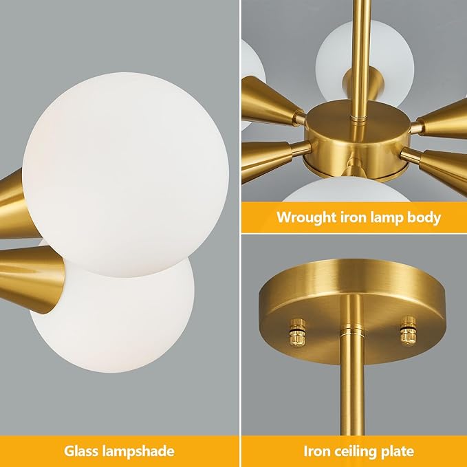 Mid Century Modern Ceiling Light with Milk White Glass lampshade Gold Semi Flush Mount Ceiling Light Fixture Sputnik Chandelier for Bedroom Living Room Dining Room Foyer Hallway(6-Lights)