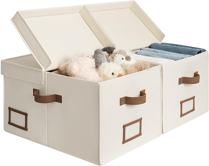 StorageWorks Large Clothes Storage Bins, Fabric Boxes with Divider Board, Baskets for Clothes, Linen Closet Organizers with Lid, Ivory White, 2-Pack