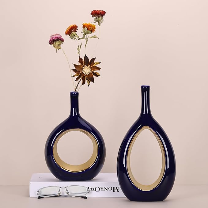 Blue and Gold Vase Ceramic Blue Vases Home Decor,Modern Minimalist Circle with Hole Decorative Vase, Hollow Ellipse Flower vases for Bookshelf, Fireplace Mantle, Centerpieces,Farmhouse,Rustic Décor