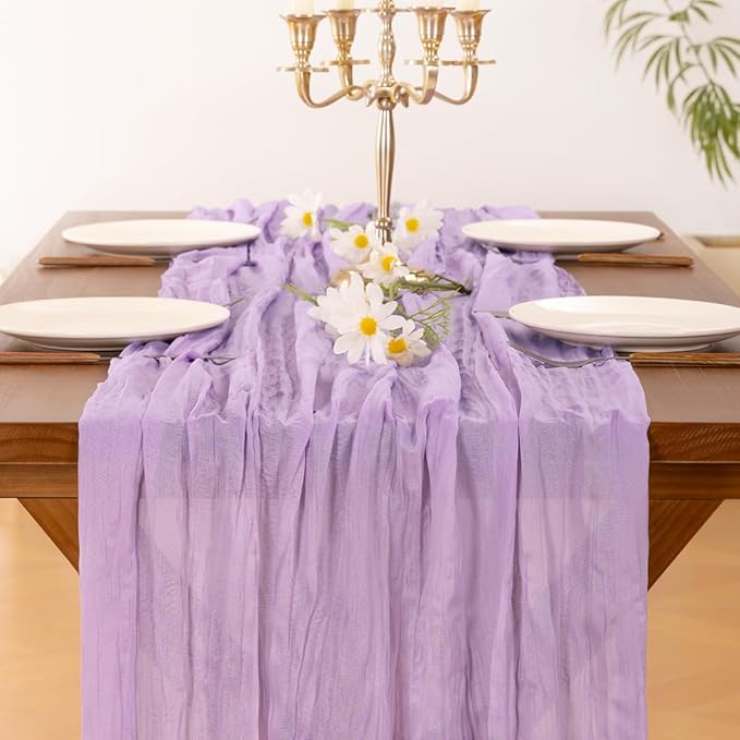 Socomi 3pcs Lilac Purple Lavender Cheesecloth Table Runner Fall Thanksgiving Boho Rustic Gauze 120 inch 10FT Cheese Cloth Runner for Wedding Party Baby Shower Birthday Home Decor Holiday Decorations