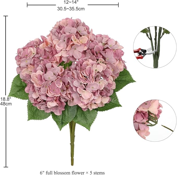 Pink Purple Hydrangea Artificial Flowers Large Artificial Hydrangeas Silk Flowers for Home Decor Indoor Wedding Flowers Bouquets Faux Flowers Kitchen Centerpiece Table Decorations
