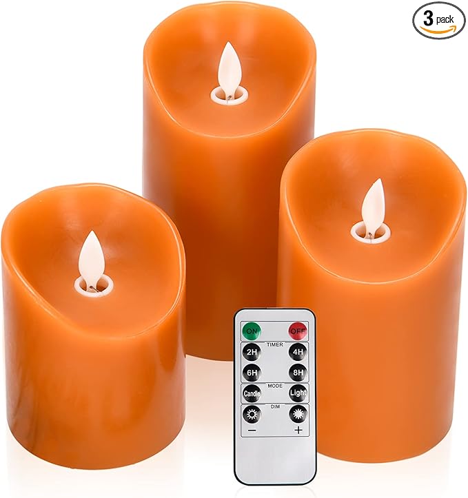 Real Wax Flickering Flameless Candles Battery Operated LED Fake Candle Set with Remote Control and Timer for Halloween Decorations (Orange)