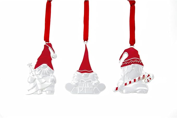 Nambe Whimsical Holiday Mini Gnome Ornament Set – 3 Silver-Plated Hanging Gnome Decorations for Christmas Tree, Seasonal Collectible Ornaments, 3" Each, Silver Plate