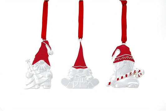 Nambe Whimsical Holiday Mini Gnome Ornament Set – 3 Silver-Plated Hanging Gnome Decorations for Christmas Tree, Seasonal Collectible Ornaments, 3" Each, Silver Plate