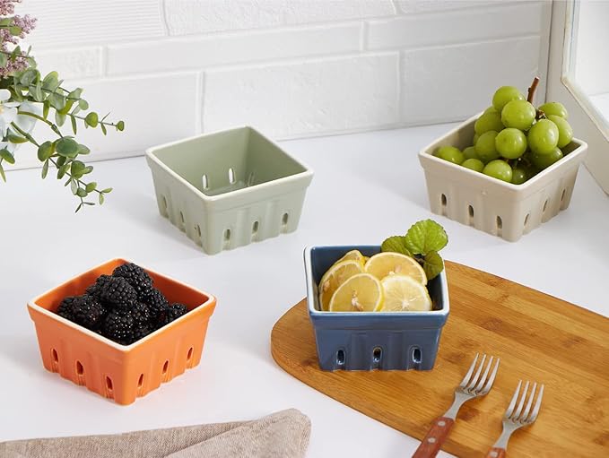 ONEMORE Ceramic Berry Basket, Rustic Stoneware Berry Bowls Colander, Square Fruit Bowls for Kitchen Décor Set of 4, 4.5 inch, Assorted Color