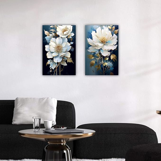 Flower Canvas Wall Art 2 Piece Navy Blue Gold and White Flower Picture Prints Floral Bloom Paintings for Bedroom Living Room Office Decor Framed(Flower,20.00" x 30.00" x 2PCS)