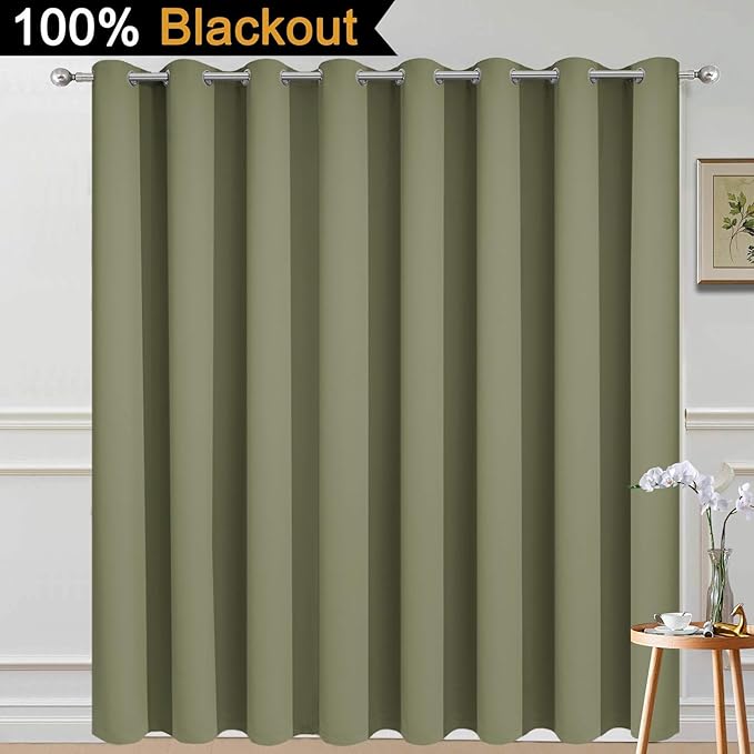 Yakamok 100% Blackout Thermal Insulated Sliding Door Curtains, Noise Reducing Barrier Curtains for Sliding Glass Doors, Full Light Blocking Room Divider, Sage, W100 x L96, 1 Panel