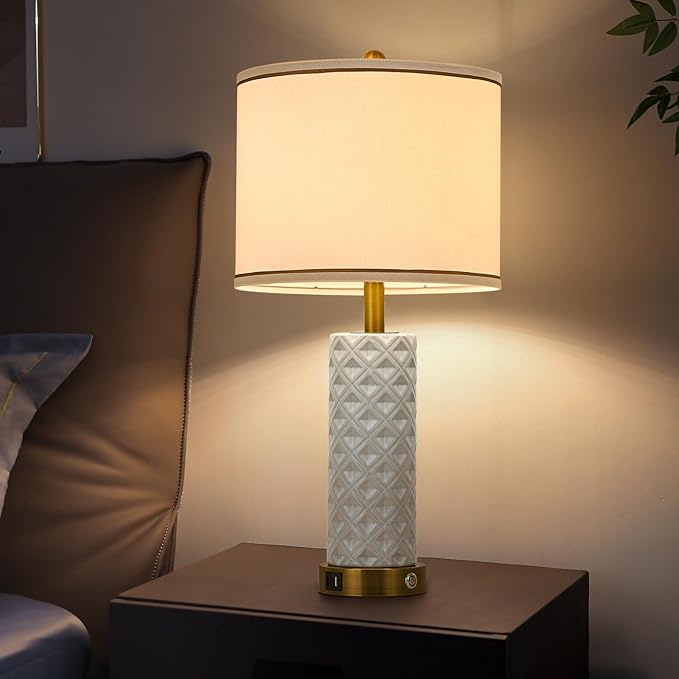 Set of 2 Table Lamp for Living Room Bedroom Farmhouse,26'' Touch Control Bedroom Ceramic Lamps 3-Way Dimmable Bedside Lamps with USB A+C Ports Linen Shade for Home(2 Bulbs Included)