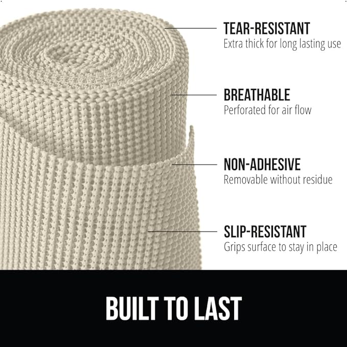 GORILLA GRIP powerGRIP Drawer Shelf and Cabinet Liner, Thick Strong Hold, Non-Adhesive Liners Protect Kitchen Cabinets and Cupboard, Bathroom Drawers, Easy Install, Breathable Mat, 20" x30', Cream