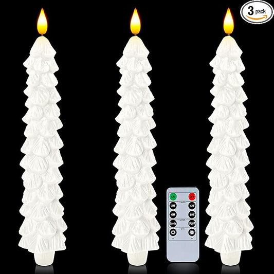 Homemory 3 Pcs Christmas Tree Candles with Remote, Waxy Flameless Taper Candles Flickering, White LED Candlesticks Battery Operated for New Year Celebration Holiday Decorations 9.7 Inches