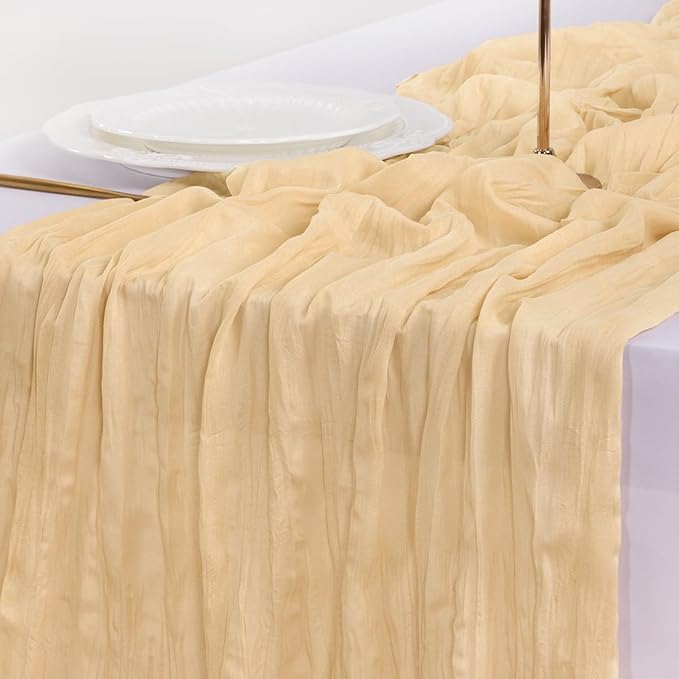 Socomi 10pcs Gold Champagne Cheesecloth Table Runner Boho Rustic Gauze 120 inch 10FT Cheese Cloth Runner for Wedding Party Baby Shower Birthday Home Decor Holiday Decorations